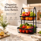 Sageware 2-Tier Fruit Basket for Dining Table Basket Metal Organizer Rack (Black) Aluminium Fruit & Vegetable Basket (Black)