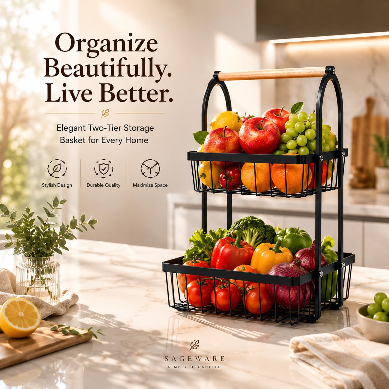 Sageware 2-Tier Fruit Basket for Dining Table Basket Metal Organizer Rack (Black) Aluminium Fruit & Vegetable Basket (Black)