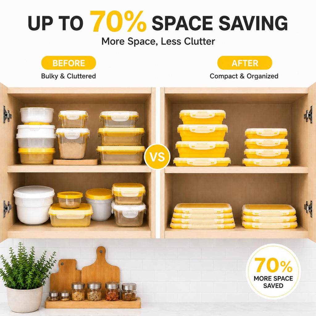 SAGEWARE Foldable Silicone Storage Containers with Lid | Kitchen & Refrigerator Food Storage Set of 2 (400ML-1600ML) (Yellow- Small)