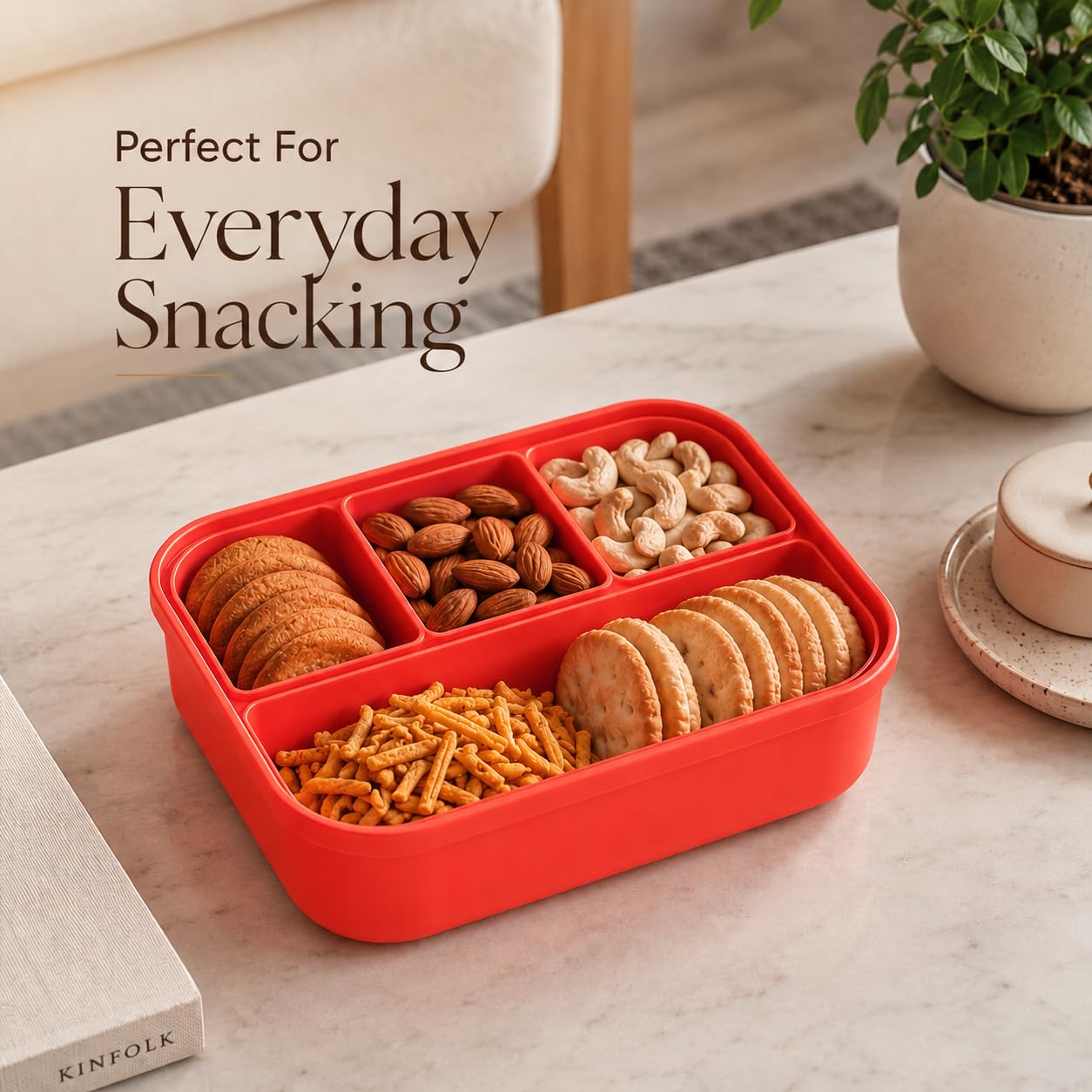 Silicone Lunch Box with Lid, 4 Compartments, 1200ml Food Storage Container, Microwave & Dishwasher Safe, BPA Free Reusable Bento Box (Red)