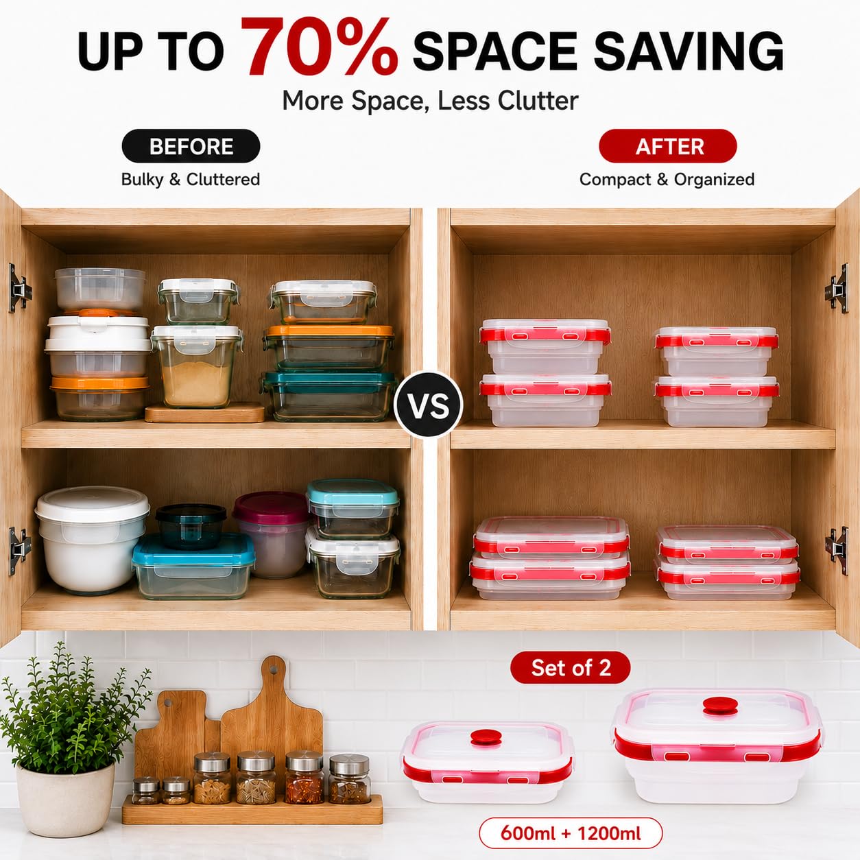 SAGEWARE Foldable Silicone Storage Containers with Lid | Kitchen & Refrigerator Food Storage Set of 2 (400ML-1600ML) (Red - Large)