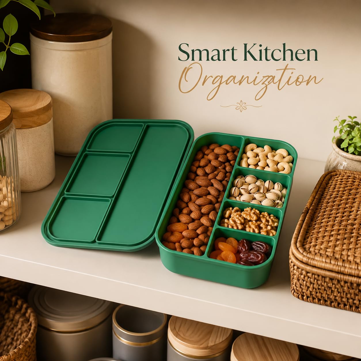 Silicone Lunch Box with Lid, 4 Compartments, 1200ml Food Storage Container, Microwave & Dishwasher Safe, BPA Free Reusable Bento Box (Green)