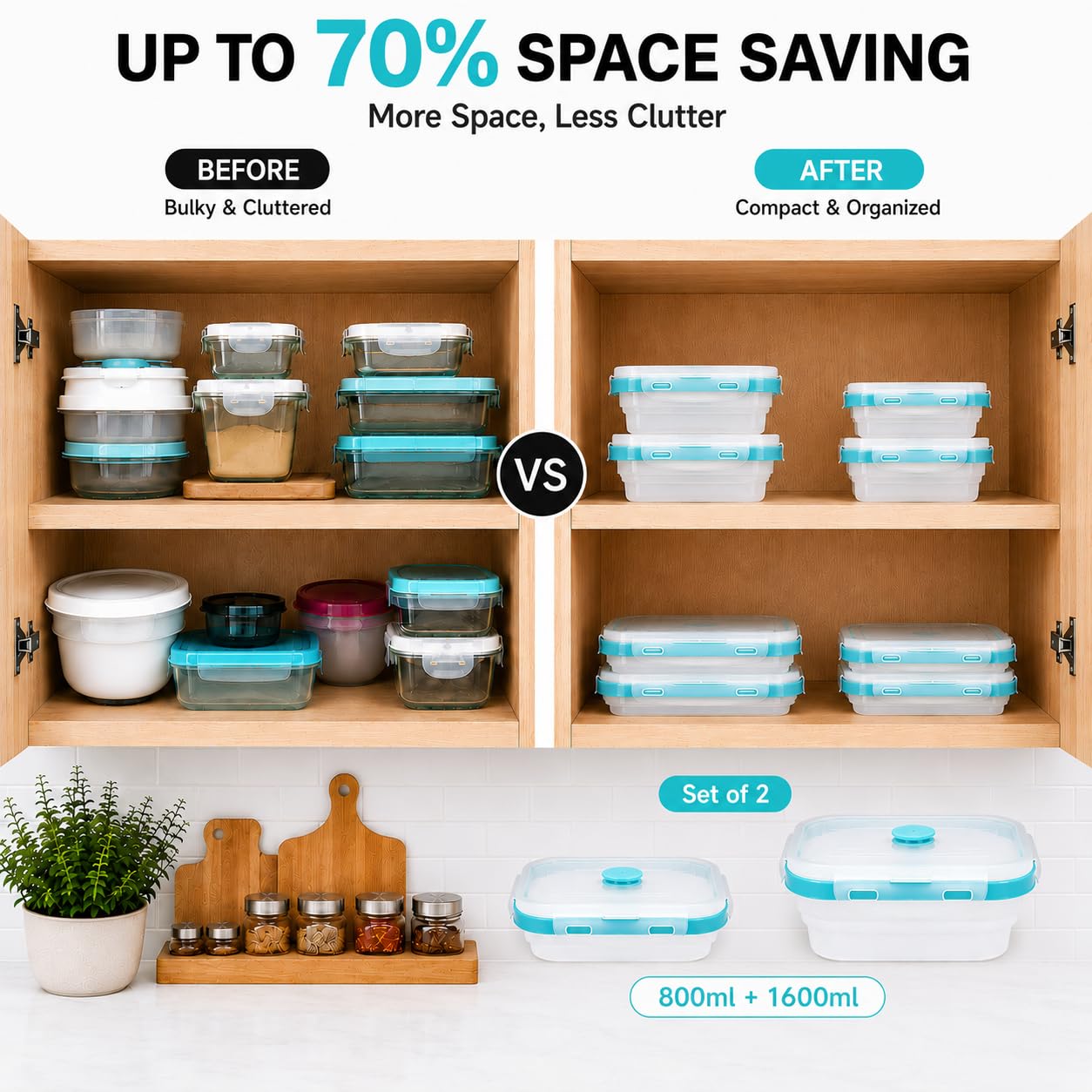 SAGEWARE Foldable Silicone Storage Containers with Lid | Kitchen & Refrigerator Food Storage Set of 2 (400ML-1600ML) (Blue - Large)