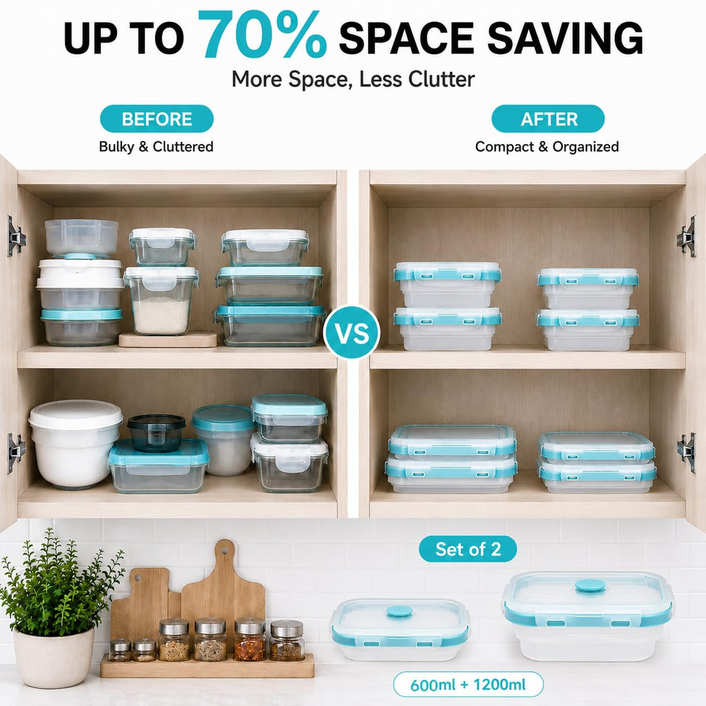 SAGEWARE Foldable Silicone Storage Containers with Lid | Kitchen & Refrigerator Food Storage Set of 2 (400ML-1600ML) (Blue  - Small)