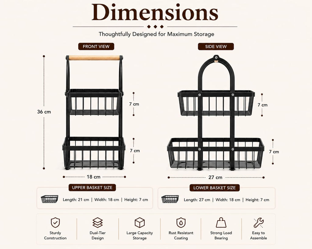 Sageware 2-Tier Fruit Basket for Dining Table Basket Metal Organizer Rack (Black) Aluminium Fruit & Vegetable Basket (Black)
