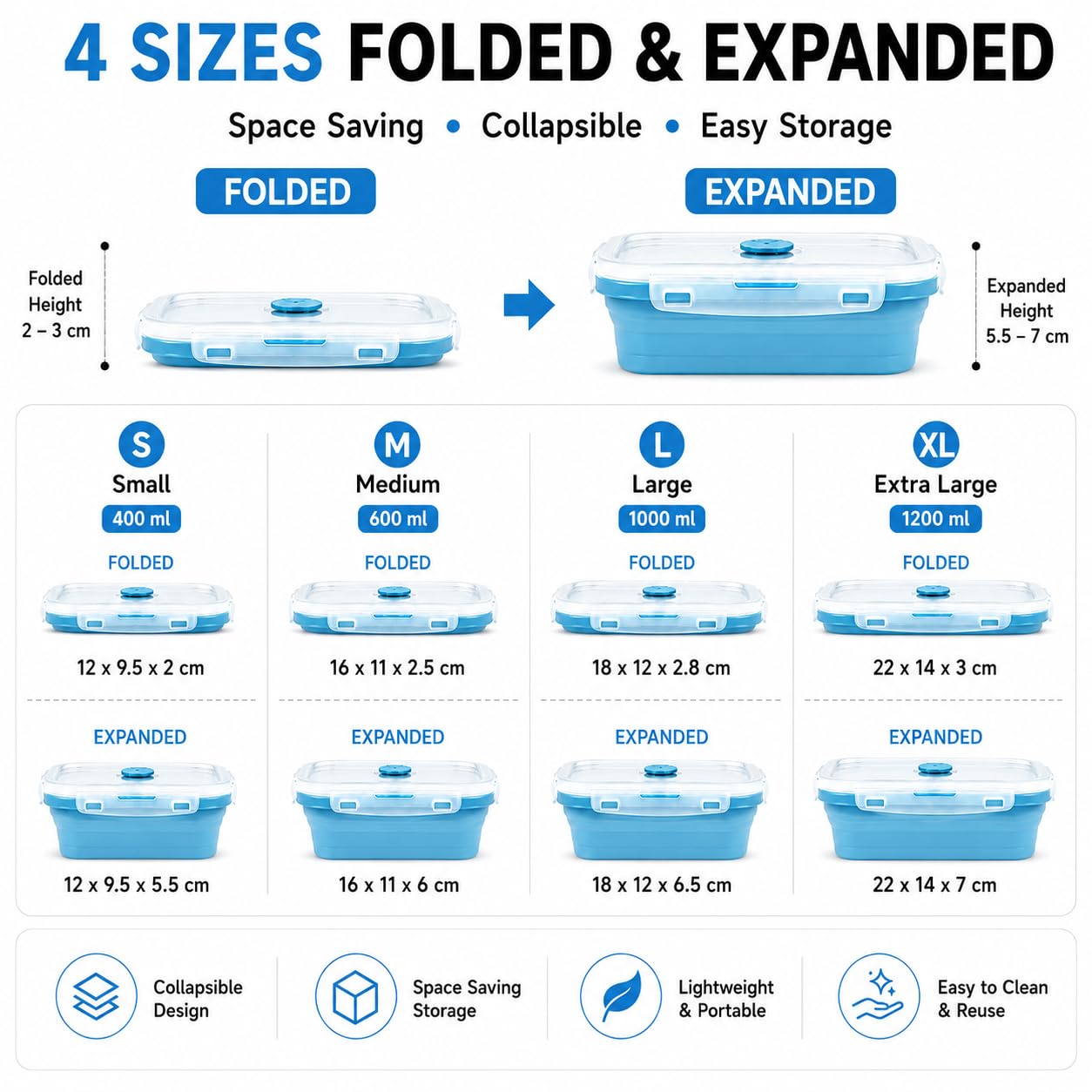 SAGEWARE Foldable Silicone Storage Containers with Lid | Kitchen & Refrigerator Food Storage Set of 2 (400ML-1600ML) (Blue- Small)