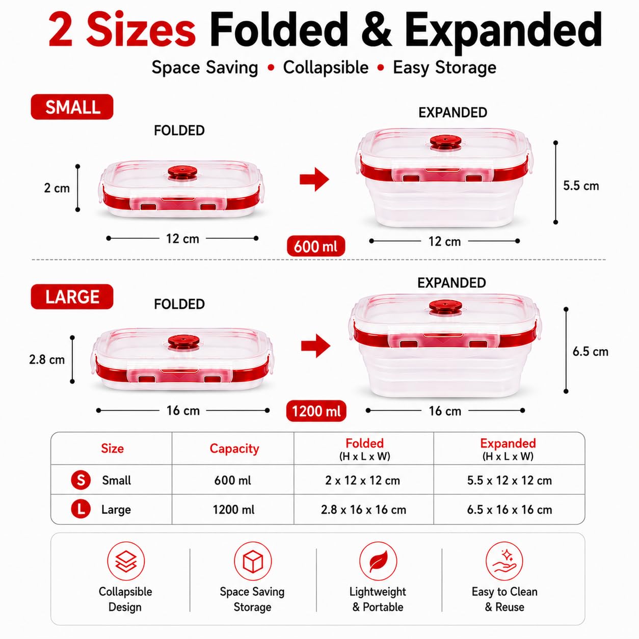 SAGEWARE Foldable Silicone Storage Containers with Lid | Kitchen & Refrigerator Food Storage Set of 2 (400ML-1600ML) (Red - Large)