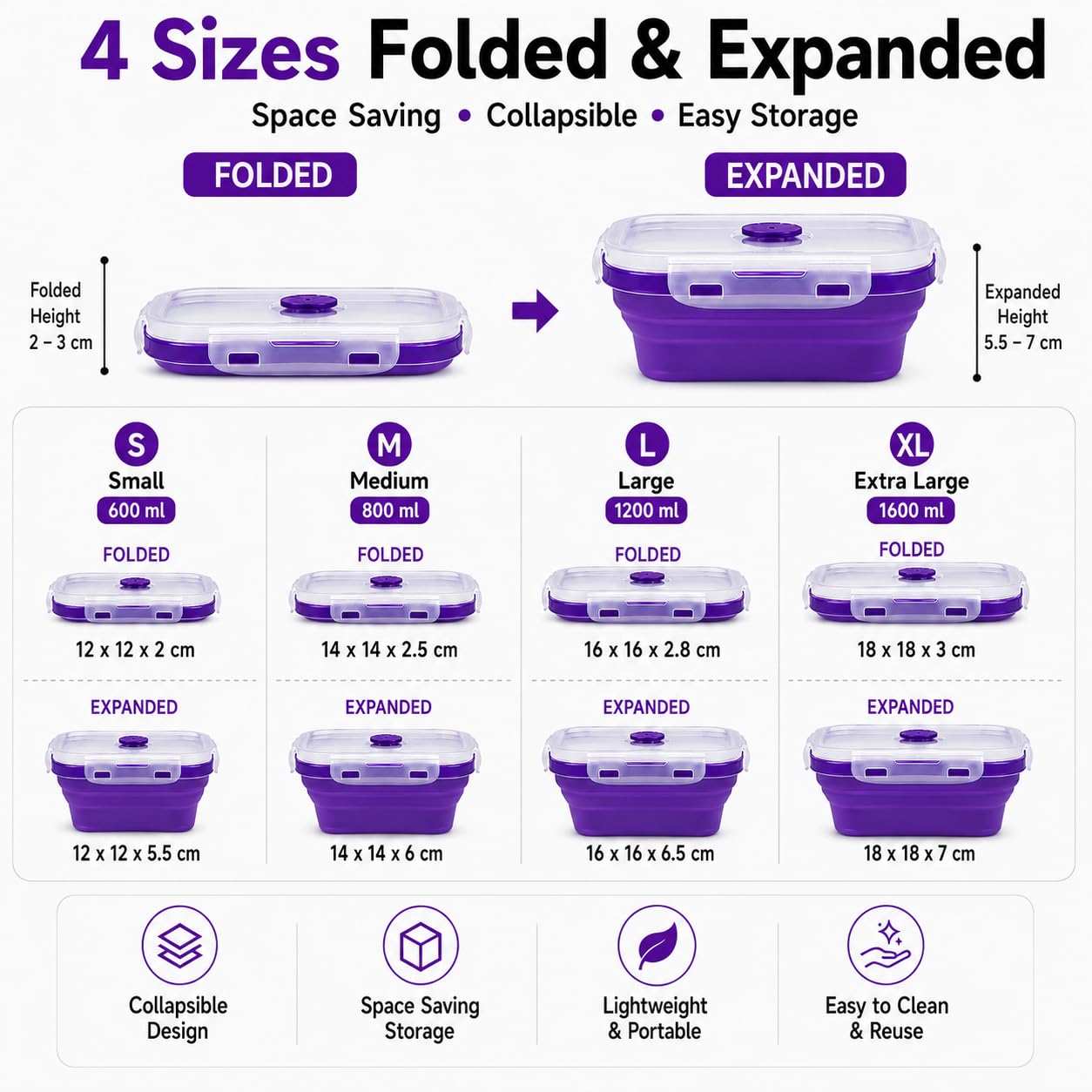 Sageware Silicone Lunch Box, Office Lunch Box, Lunch Box,Kids Lunch Box,Tiffin 4 Containers Lunch Box Square Purple(2850ml)