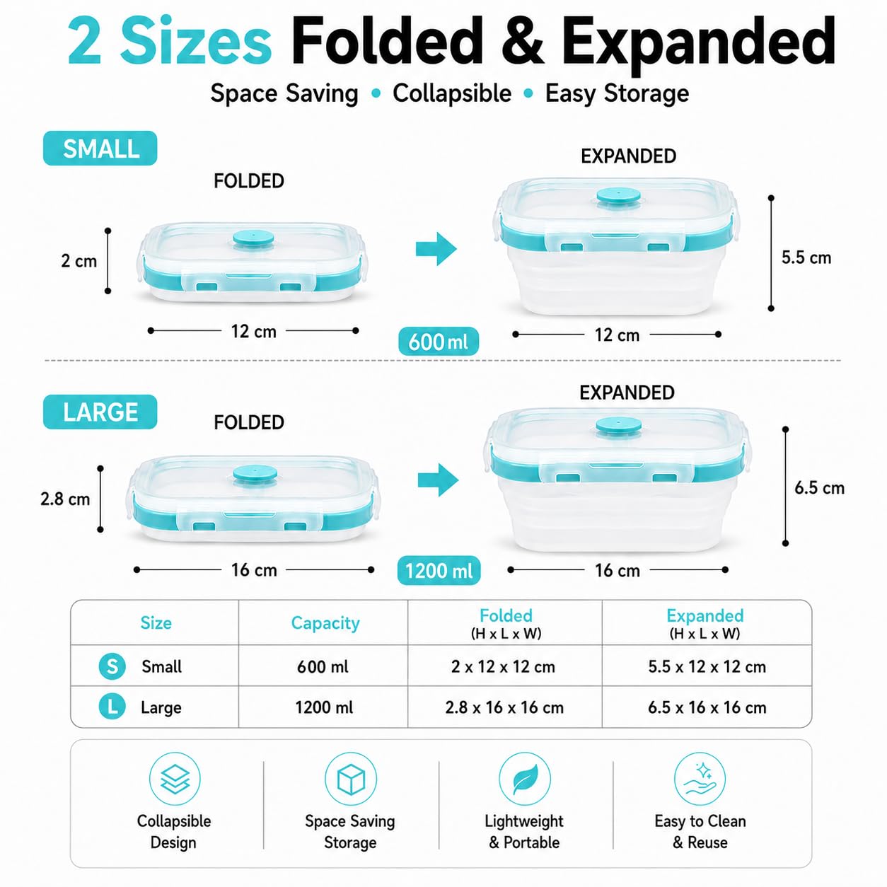 SAGEWARE Foldable Silicone Storage Containers with Lid | Kitchen & Refrigerator Food Storage Set of 2 (400ML-1600ML) (Blue  - Small)