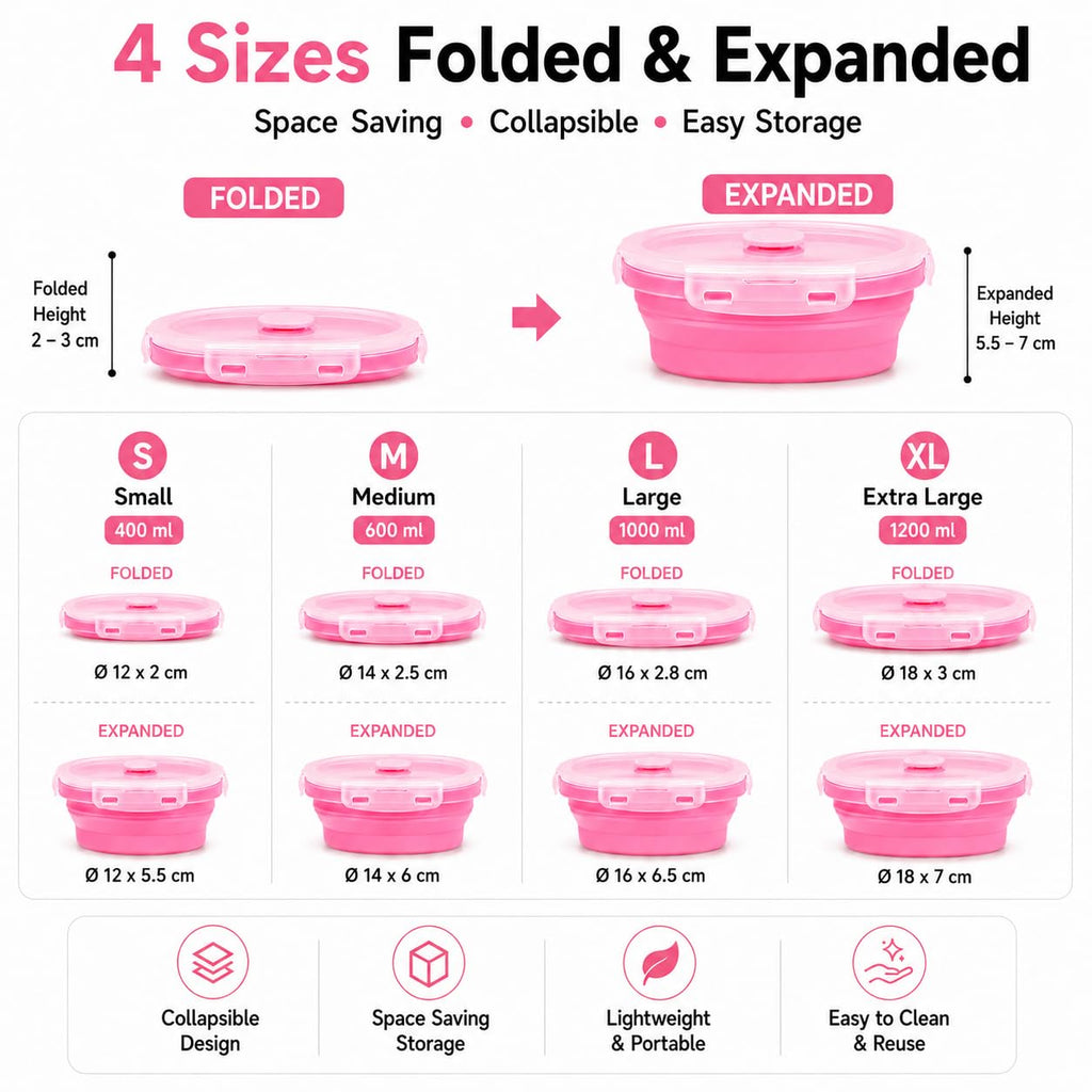 Sageware Silicone Lunch Box, Office Lunch Box, Lunch Box,Kids Lunch Box,Tiffin 4 Containers Lunch Box Round Pink(2850ml)