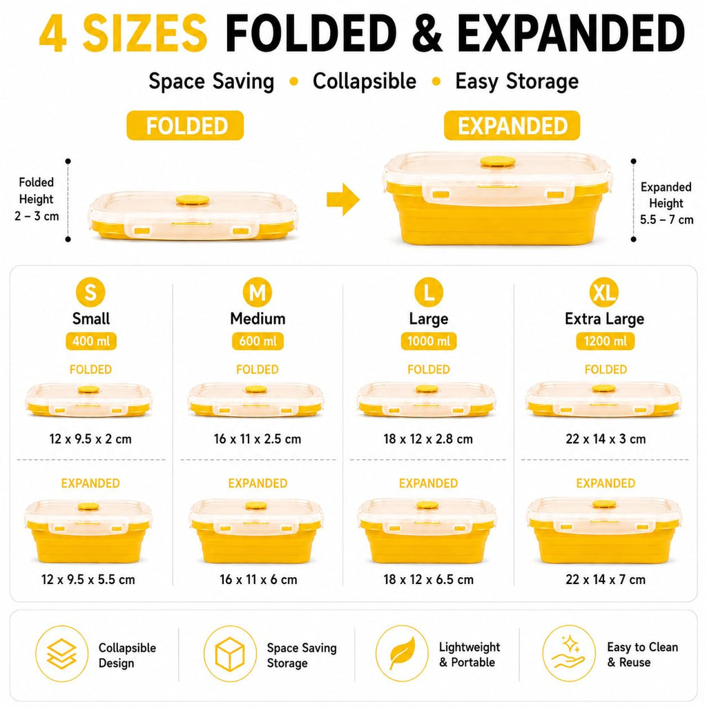 SAGEWARE Foldable Silicone Storage Containers with Lid | Kitchen & Refrigerator Food Storage Set of 2 (400ML-1600ML) (Yellow- Large)