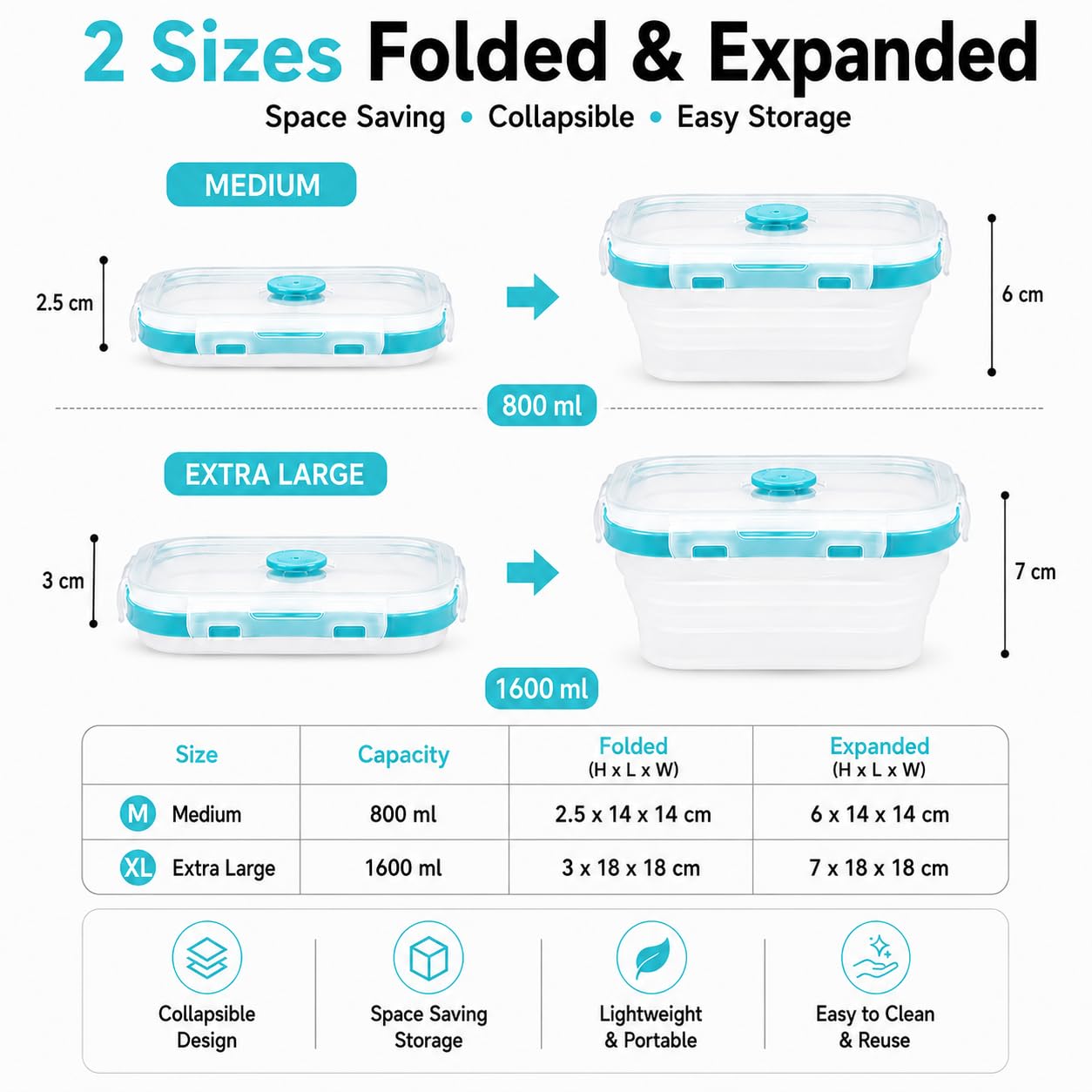 SAGEWARE Foldable Silicone Storage Containers with Lid | Kitchen & Refrigerator Food Storage Set of 2 (400ML-1600ML) (Blue - Large)