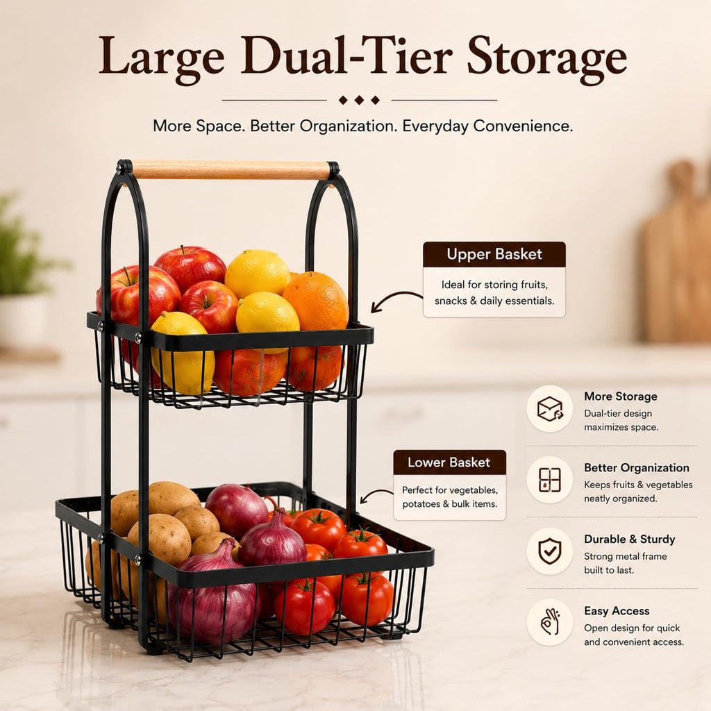 Sageware 2-Tier Fruit Basket for Dining Table Basket Metal Organizer Rack (Black) Aluminium Fruit & Vegetable Basket (Black)