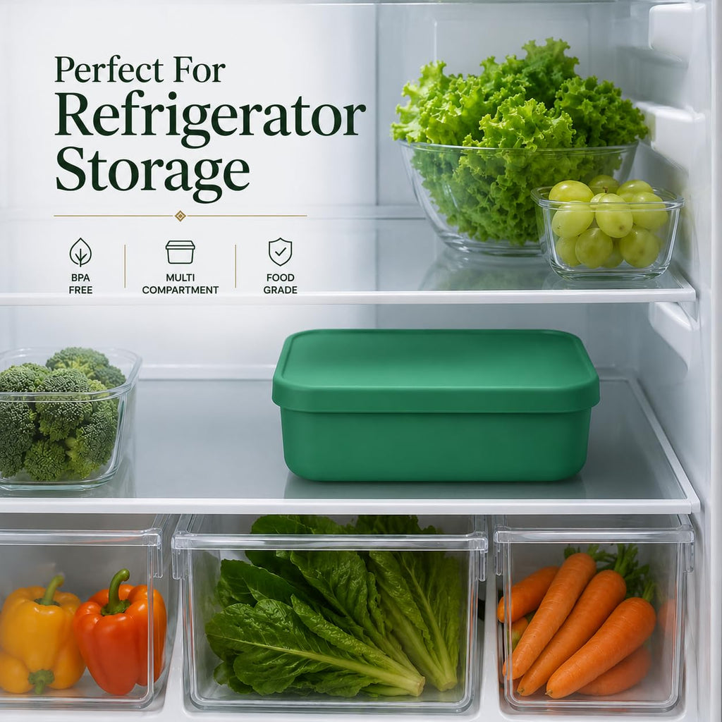 Silicone Lunch Box with Lid, 4 Compartments, 1200ml Food Storage Container, Microwave & Dishwasher Safe, BPA Free Reusable Bento Box (Green)