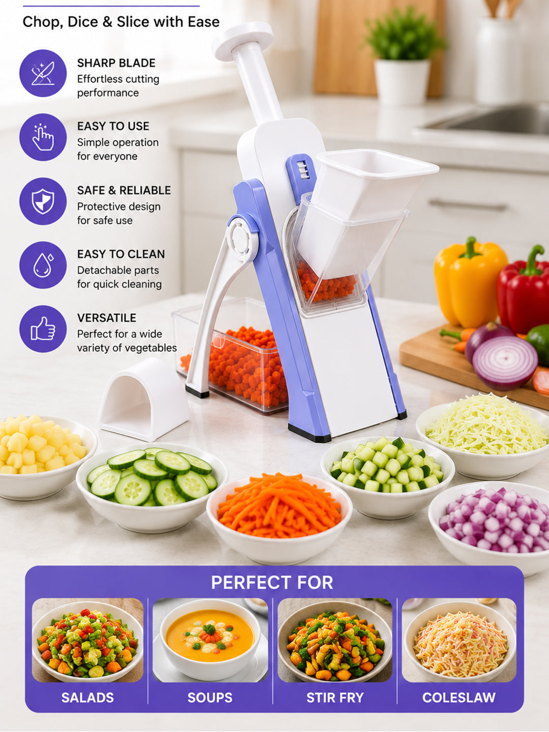 SAGEWARE Vegetable Chopper for Kitchen Use with Container | 5 Blade Manual Vegetable Cutter & Slicer | Push Chopper for Onion, Potato, Tomato, Carrot | Vegetable Cutter Tool for Kitchen