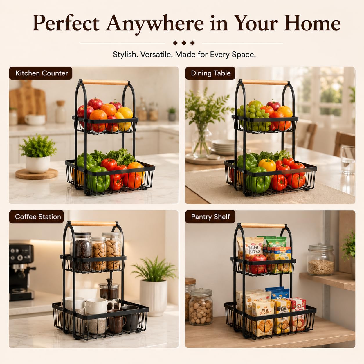 Sageware 2-Tier Fruit Basket for Dining Table Basket Metal Organizer Rack (Black) Aluminium Fruit & Vegetable Basket (Black)