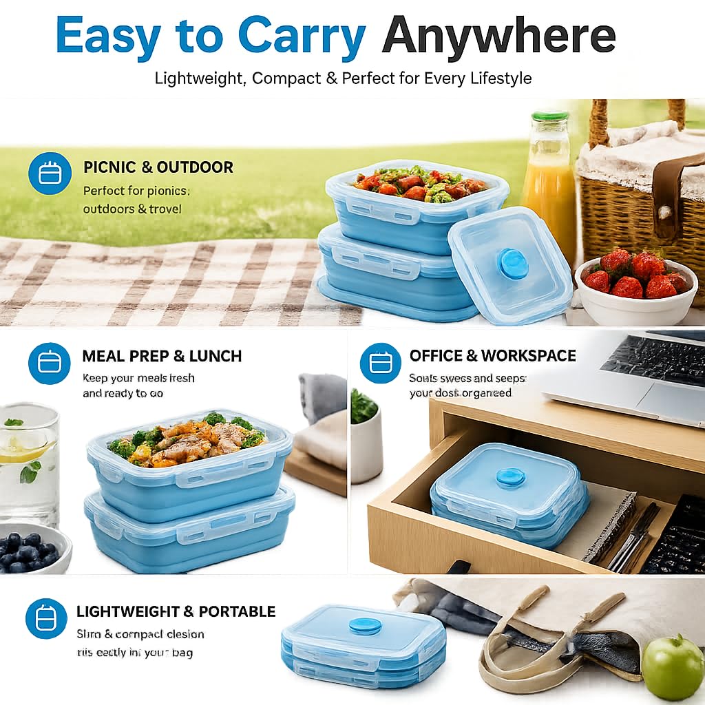 Sageware Silicone Lunch Box, Office Lunch Box, Lunch Box,Kids Lunch Box,Tiffin 4 Containers Lunch Box Square Blue(2850ml)