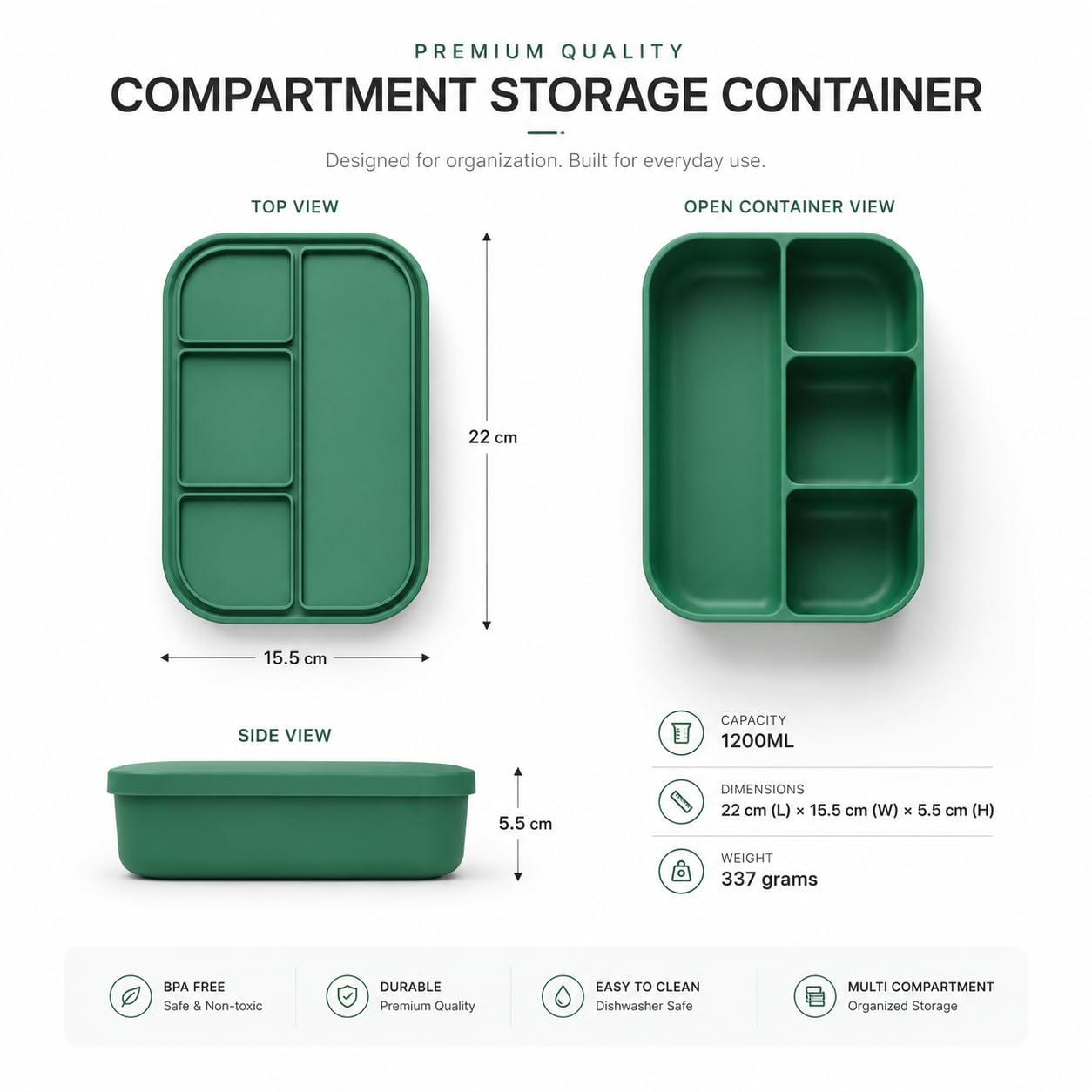 Silicone Lunch Box with Lid, 4 Compartments, 1200ml Food Storage Container, Microwave & Dishwasher Safe, BPA Free Reusable Bento Box (Green)