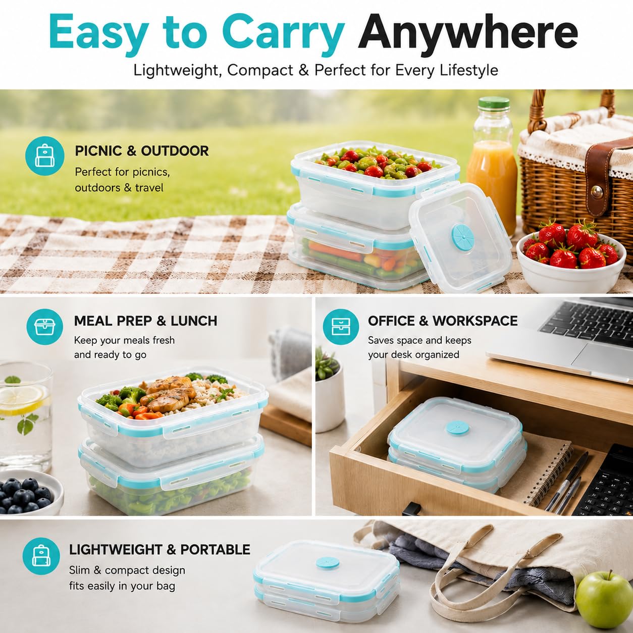 SAGEWARE Foldable Silicone Storage Containers with Lid | Kitchen & Refrigerator Food Storage Set of 2 (400ML-1600ML) (Blue  - Small)