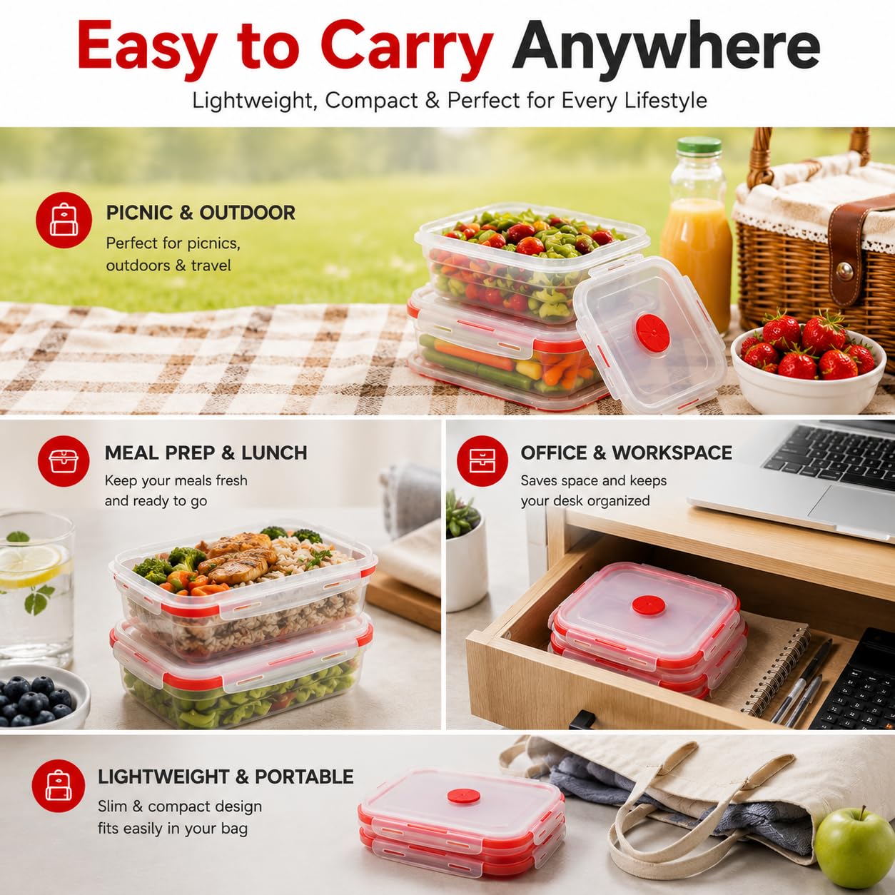 Sageware Silicone Lunch Box, Office Lunch Box, Leak Proof Lunch Box,Kids Lunch Box,Tiffin 4 Containers Lunch Box Red(4200 ml)