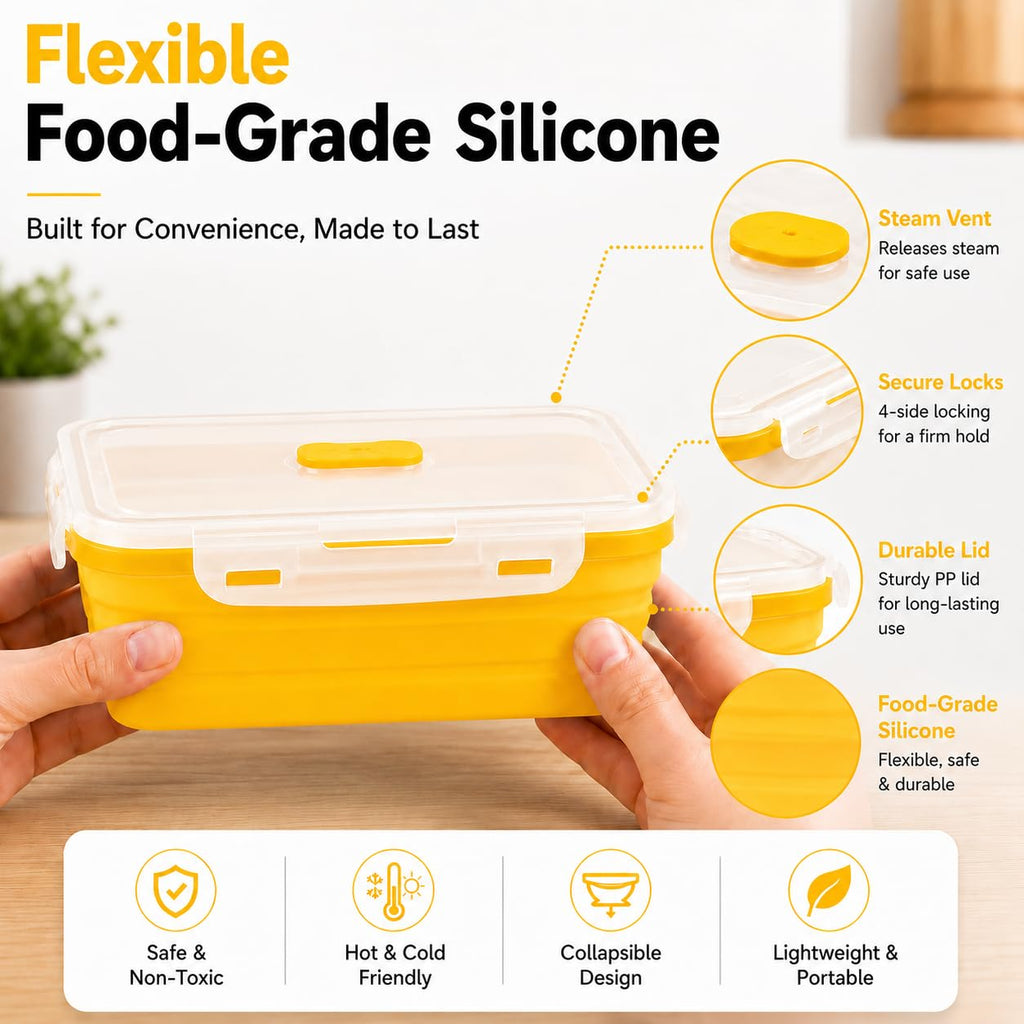 SAGEWARE Foldable Silicone Storage Containers with Lid | Kitchen & Refrigerator Food Storage Set of 2 (400ML-1600ML) (Yellow- Large)