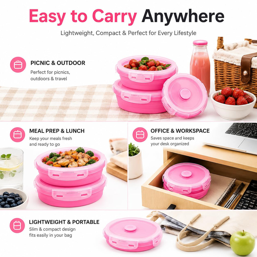 Sageware Silicone Lunch Box, Office Lunch Box, Lunch Box,Kids Lunch Box,Tiffin 4 Containers Lunch Box Round Pink(2850ml)