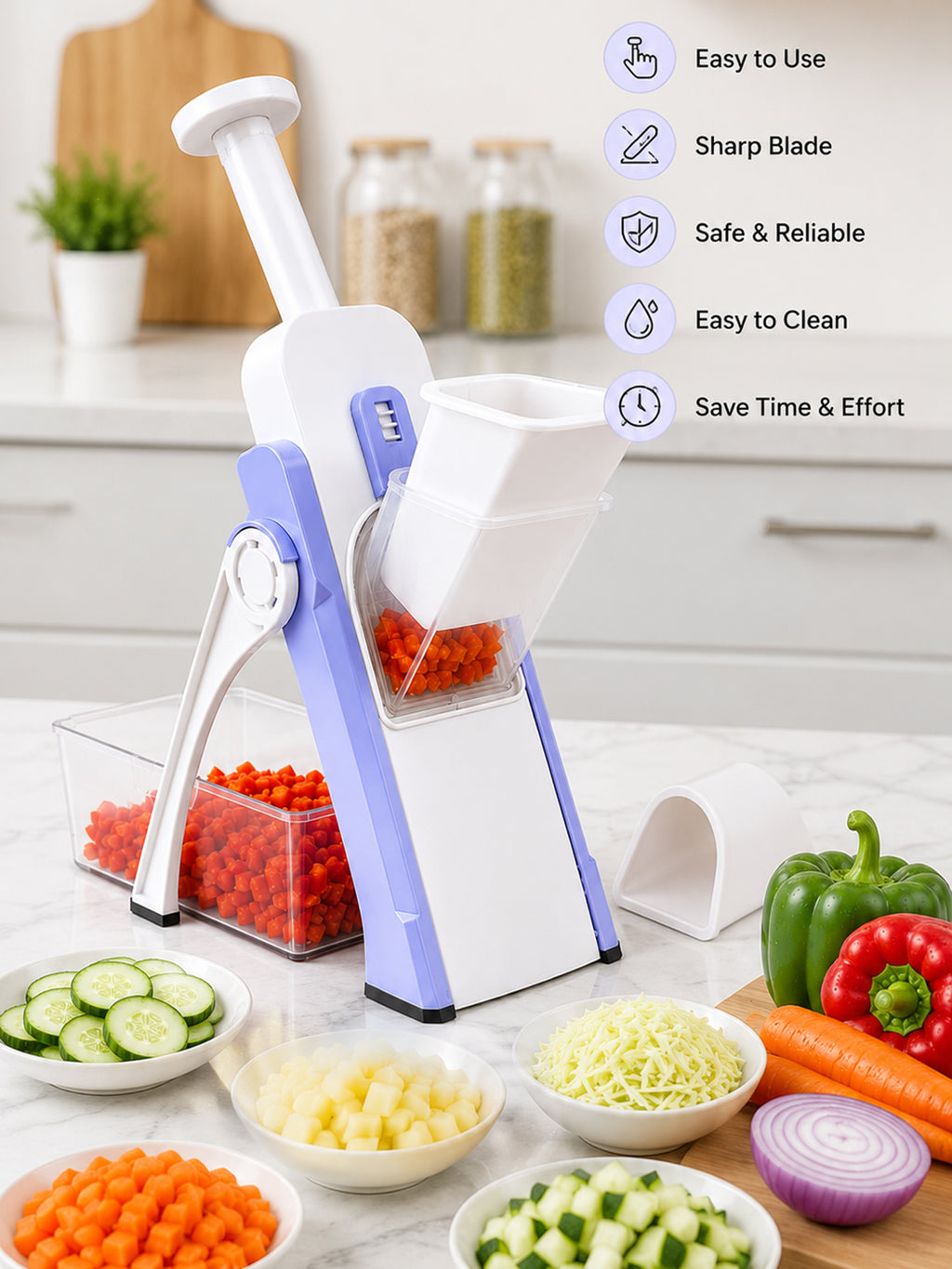 SAGEWARE Vegetable Chopper for Kitchen Use with Container | 5 Blade Manual Vegetable Cutter & Slicer | Push Chopper for Onion, Potato, Tomato, Carrot | Vegetable Cutter Tool for Kitchen