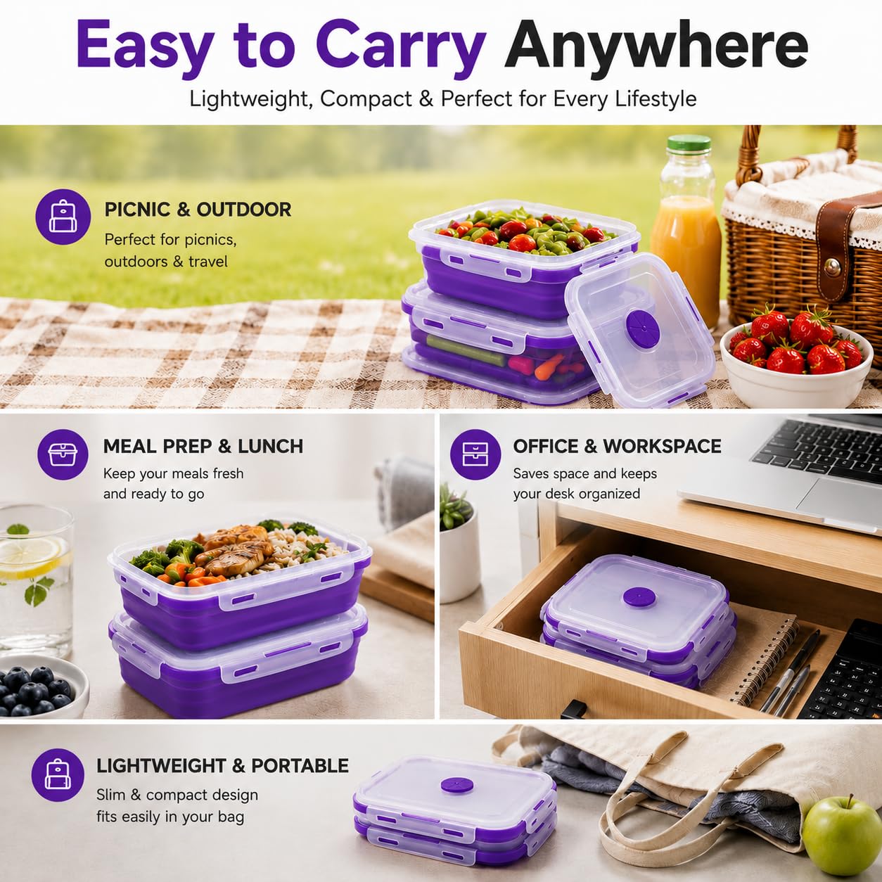 Sageware Silicone Lunch Box, Office Lunch Box, Lunch Box,Kids Lunch Box,Tiffin 4 Containers Lunch Box Square Purple(2850ml)