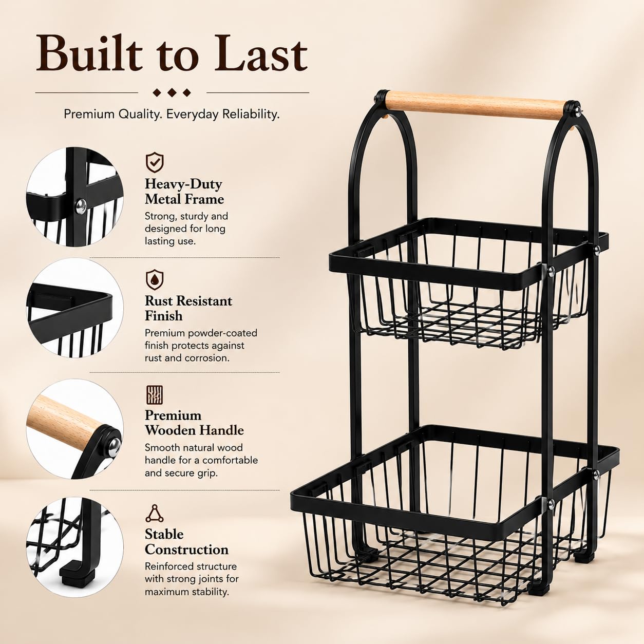 Sageware 2-Tier Fruit Basket for Dining Table Basket Metal Organizer Rack (Black) Aluminium Fruit & Vegetable Basket (Black)