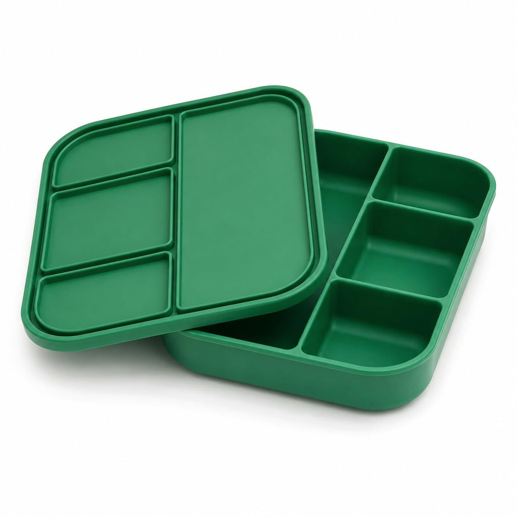 Silicone Lunch Box with Lid, 4 Compartments, 1200ml Food Storage Container, Microwave & Dishwasher Safe, BPA Free Reusable Bento Box (Green)