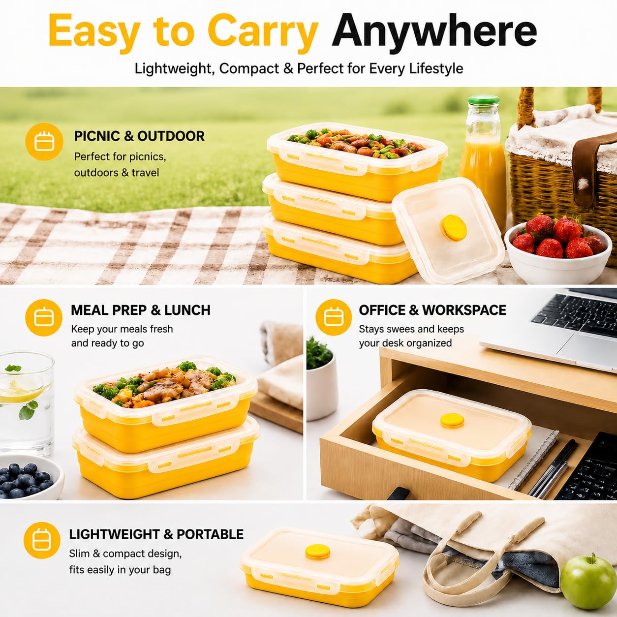 SAGEWARE Foldable Silicone Storage Containers with Lid | Kitchen & Refrigerator Food Storage Set of 2 (400ML-1600ML) (Yellow- Large)