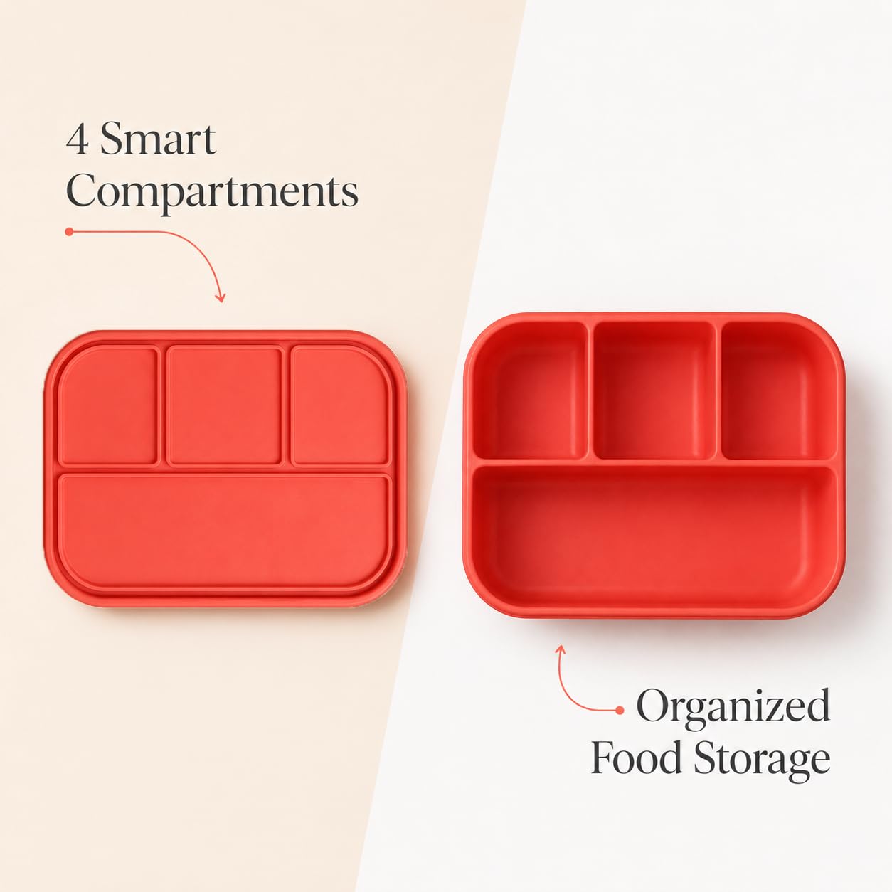 Silicone Lunch Box with Lid, 4 Compartments, 1200ml Food Storage Container, Microwave & Dishwasher Safe, BPA Free Reusable Bento Box (Red)