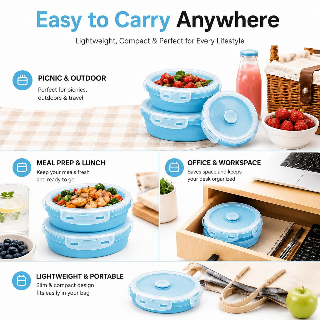 Sageware Silicone Lunch Box, Office Lunch Box, Lunch Box,Kids Lunch Box,Tiffin 4 Containers Lunch Box Round Blue(2850ml)