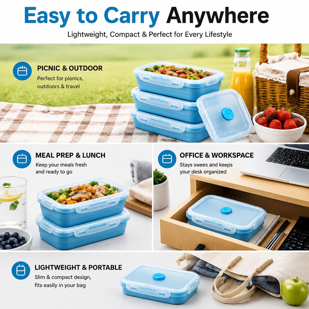 SAGEWARE Foldable Silicone Storage Containers with Lid | Kitchen & Refrigerator Food Storage Set of 2 (400ML-1600ML) (Blue- Small)