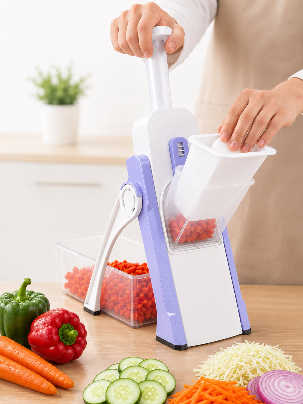 SAGEWARE Vegetable Chopper for Kitchen Use with Container | 5 Blade Manual Vegetable Cutter & Slicer | Push Chopper for Onion, Potato, Tomato, Carrot | Vegetable Cutter Tool for Kitchen