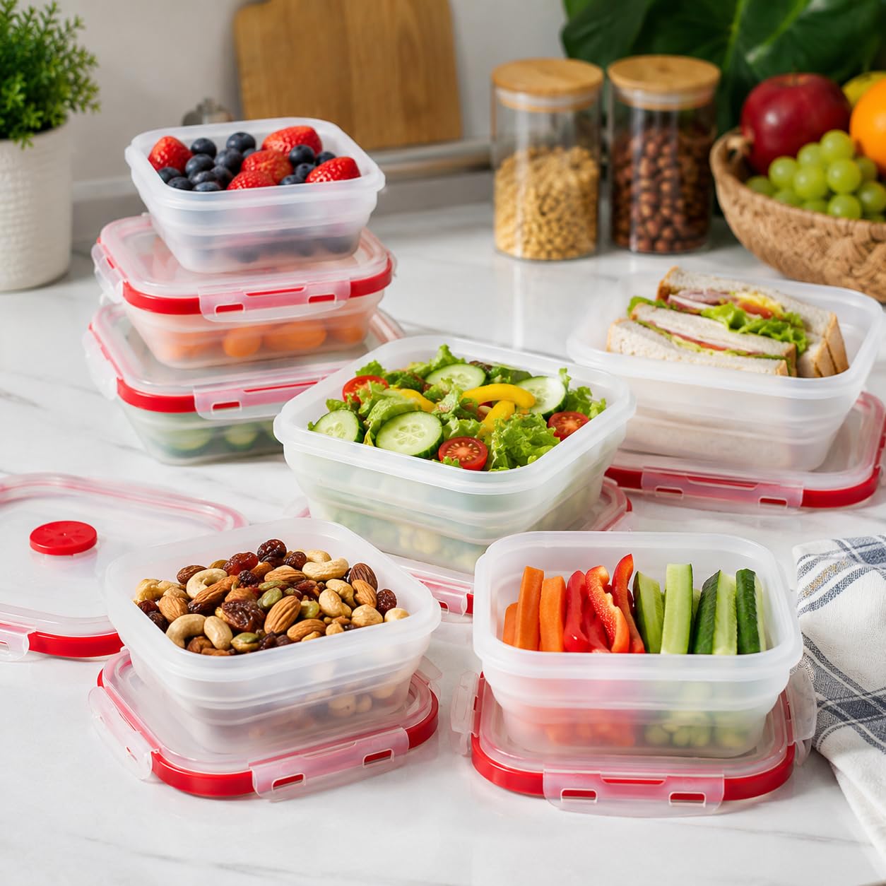 SAGEWARE Foldable Silicone Storage Containers with Lid | Kitchen & Refrigerator Food Storage Set of 2 (400ML-1600ML) (Red - Large)
