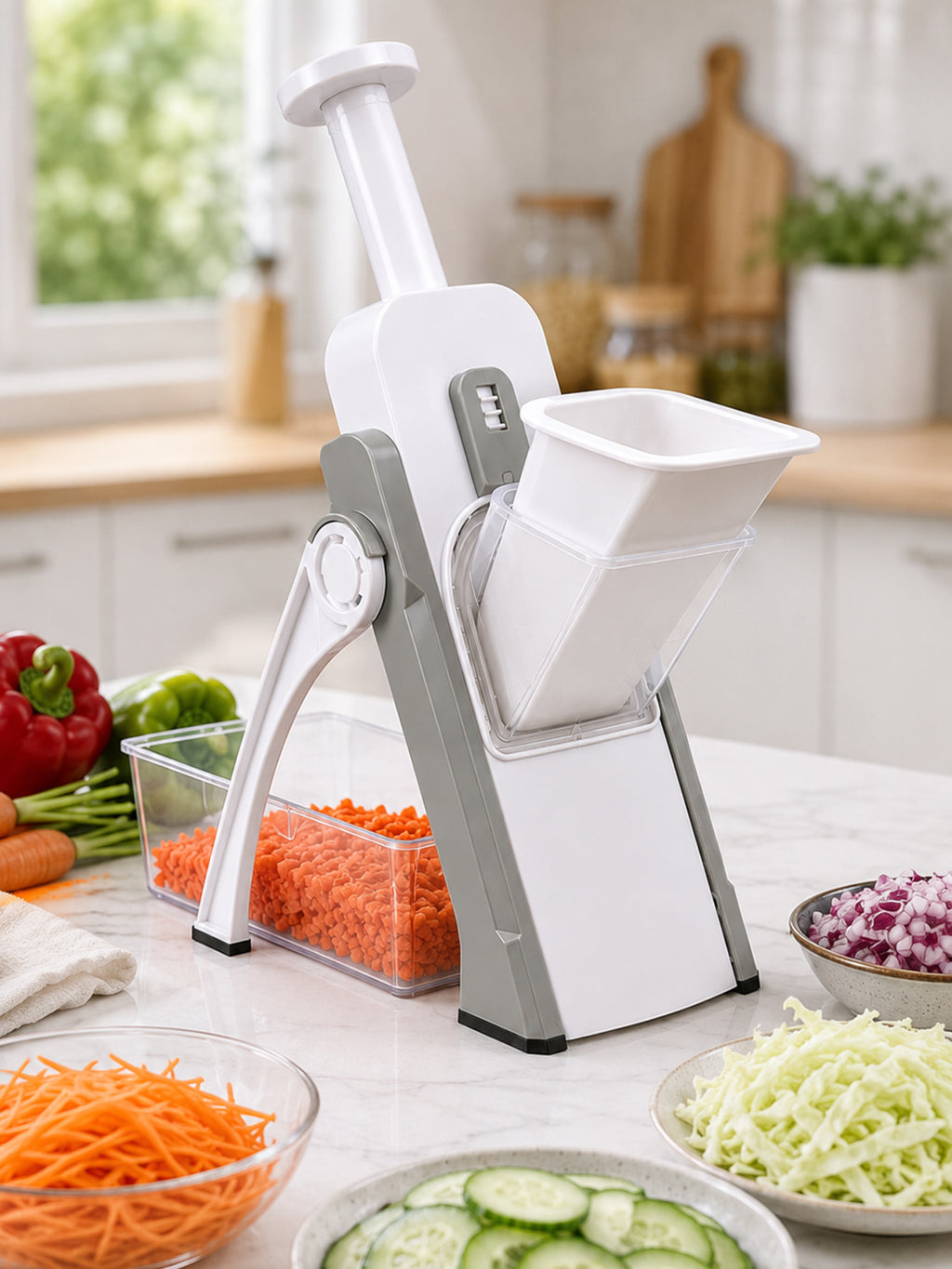 SAGEWARE Vegetable Chopper for Kitchen Use with Container | 5 Blade Manual Vegetable Cutter & Slicer | Push Chopper for Onion, Potato, Tomato, Carrot | Vegetable Cutter Tool for Kitchen