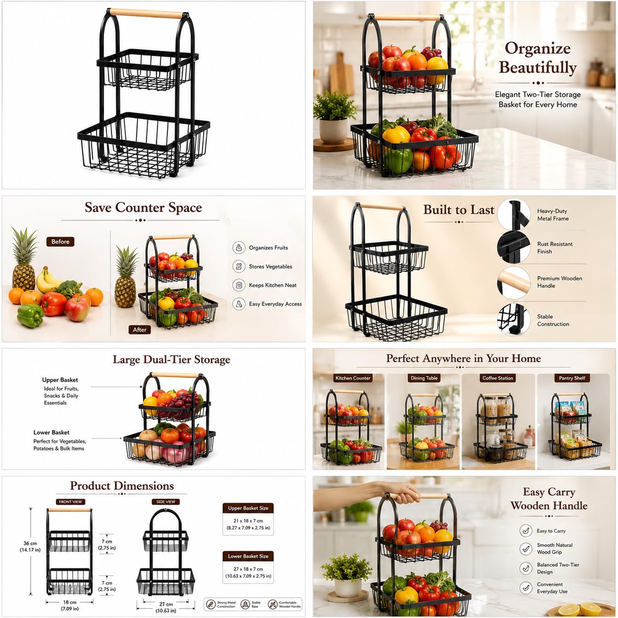 Sageware 2-Tier Fruit Basket for Dining Table Basket Metal Organizer Rack (Black) Aluminium Fruit & Vegetable Basket (Black)