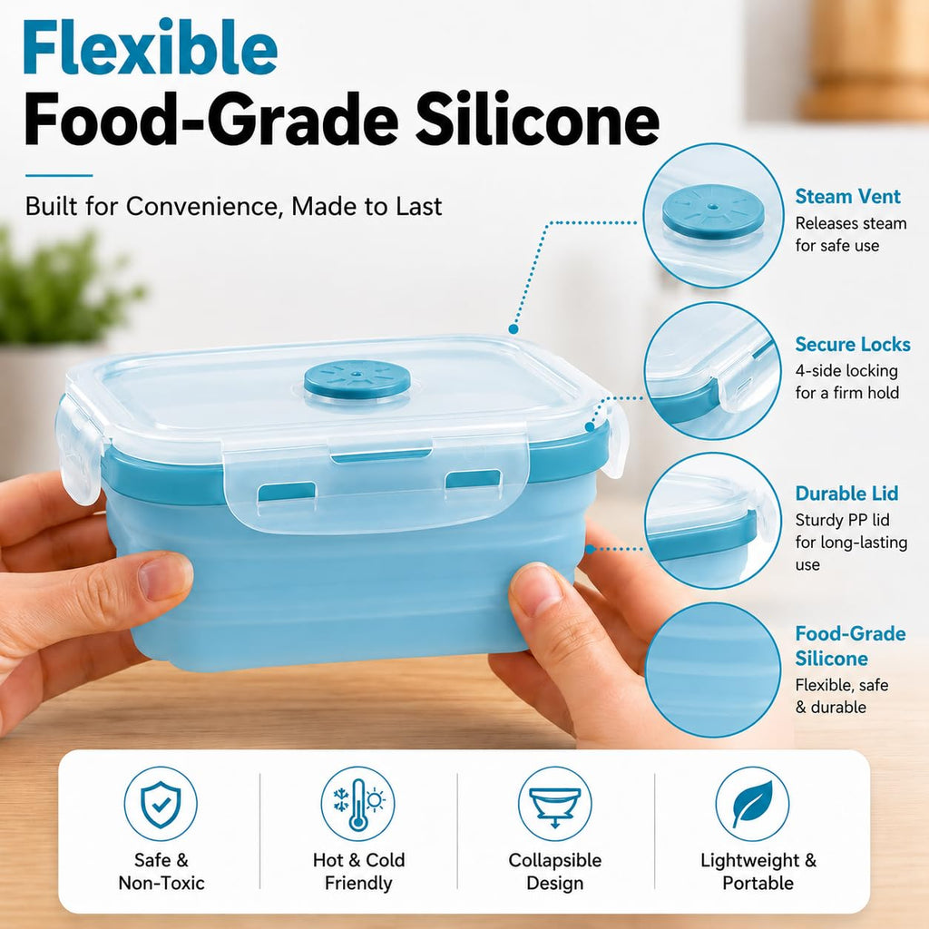 Sageware Silicone Lunch Box, Office Lunch Box, Lunch Box,Kids Lunch Box,Tiffin 4 Containers Lunch Box Square Blue(2850ml)
