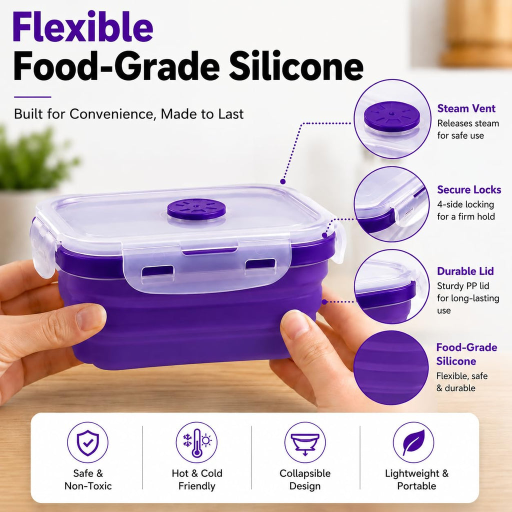 Sageware Silicone Lunch Box, Office Lunch Box, Lunch Box,Kids Lunch Box,Tiffin 4 Containers Lunch Box Square Purple(2850ml)