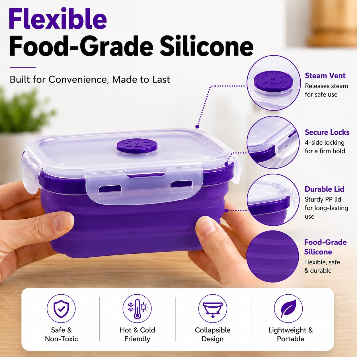 Sageware Silicone Lunch Box, Office Lunch Box, Lunch Box,Kids Lunch Box,Tiffin 4 Containers Lunch Box Square Purple(2850ml)