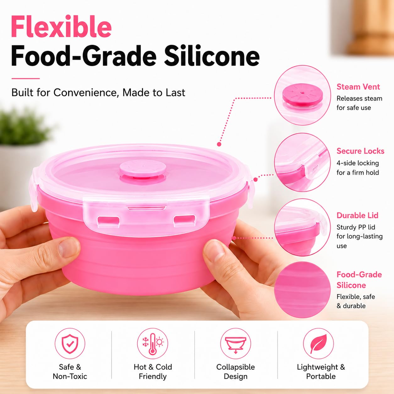 Sageware Silicone Lunch Box, Office Lunch Box, Lunch Box,Kids Lunch Box,Tiffin 4 Containers Lunch Box Round Pink(2850ml)