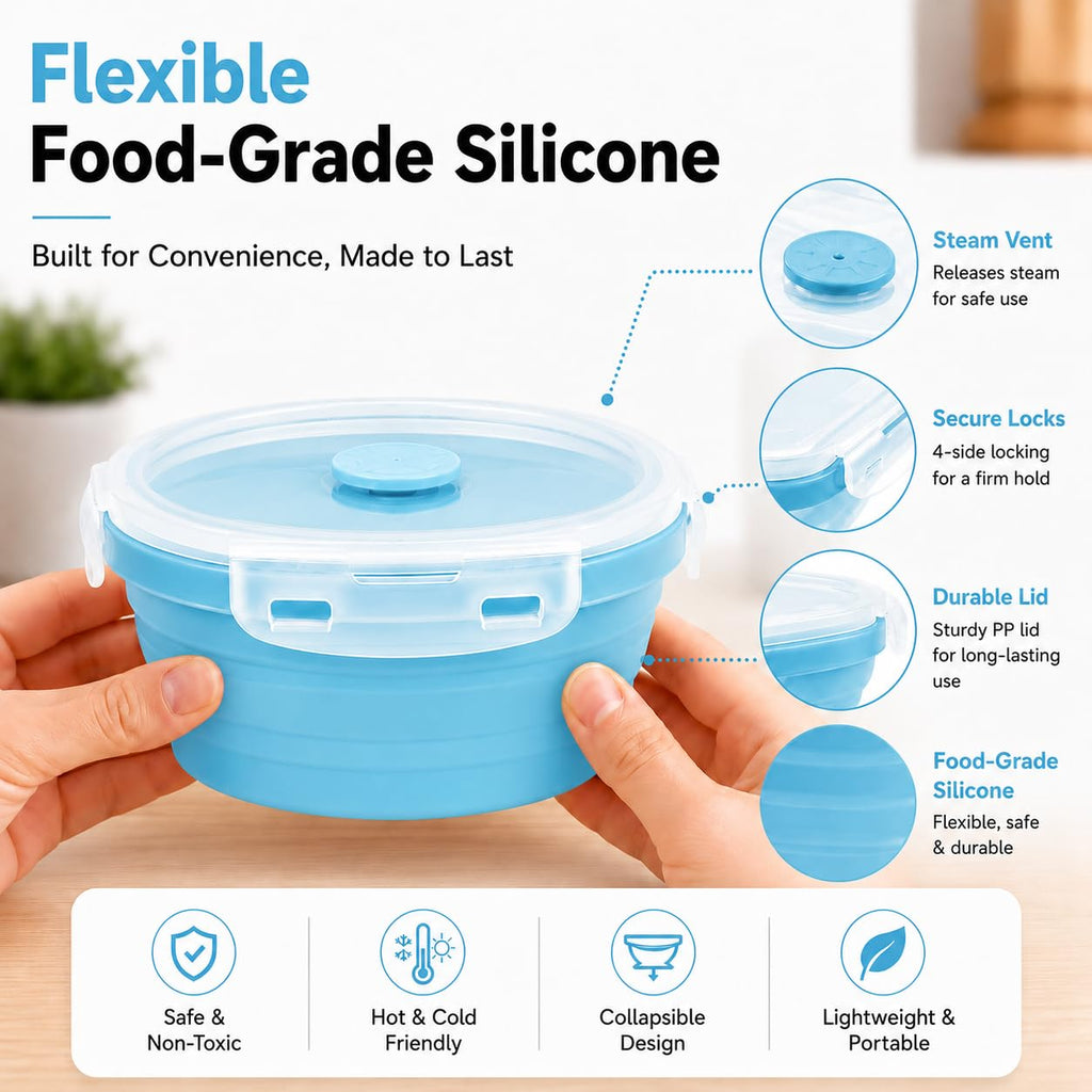 Sageware Silicone Lunch Box, Office Lunch Box, Lunch Box,Kids Lunch Box,Tiffin 4 Containers Lunch Box Round Blue(2850ml)