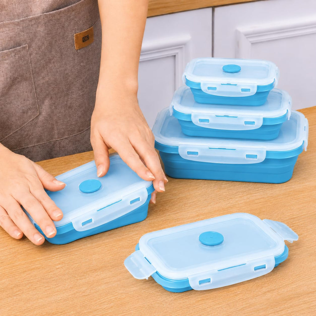 SAGEWARE Foldable Silicone Storage Containers with Lid | Kitchen & Refrigerator Food Storage Set of 2 (400ML-1600ML) (Blue- Small)
