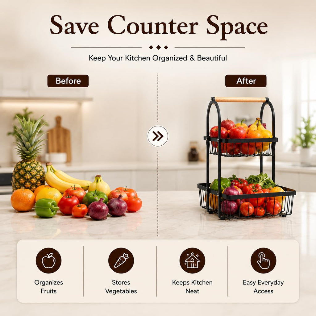 Sageware 2-Tier Fruit Basket for Dining Table Basket Metal Organizer Rack (Black) Aluminium Fruit & Vegetable Basket (Black)