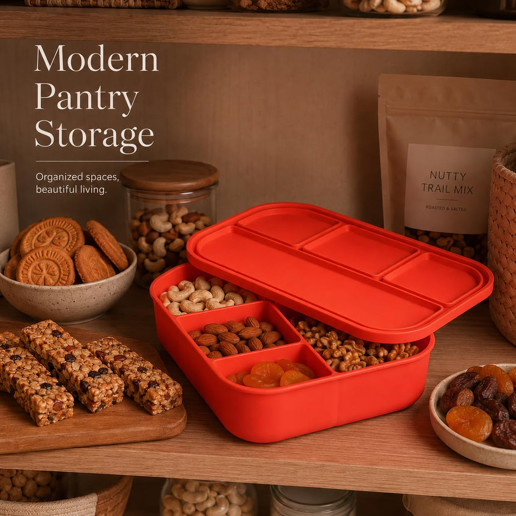 Silicone Lunch Box with Lid, 4 Compartments, 1200ml Food Storage Container, Microwave & Dishwasher Safe, BPA Free Reusable Bento Box (Red)