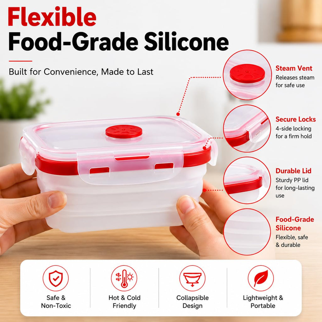 SAGEWARE Foldable Silicone Storage Containers with Lid | Kitchen & Refrigerator Food Storage Set of 2 (400ML-1600ML) (Red - Small)