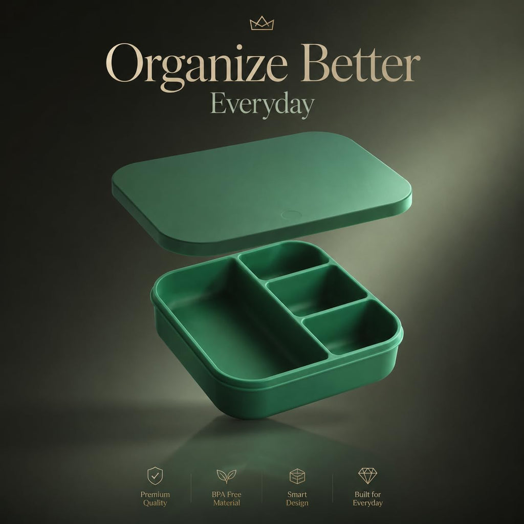 Silicone Lunch Box with Lid, 4 Compartments, 1200ml Food Storage Container, Microwave & Dishwasher Safe, BPA Free Reusable Bento Box (Green)