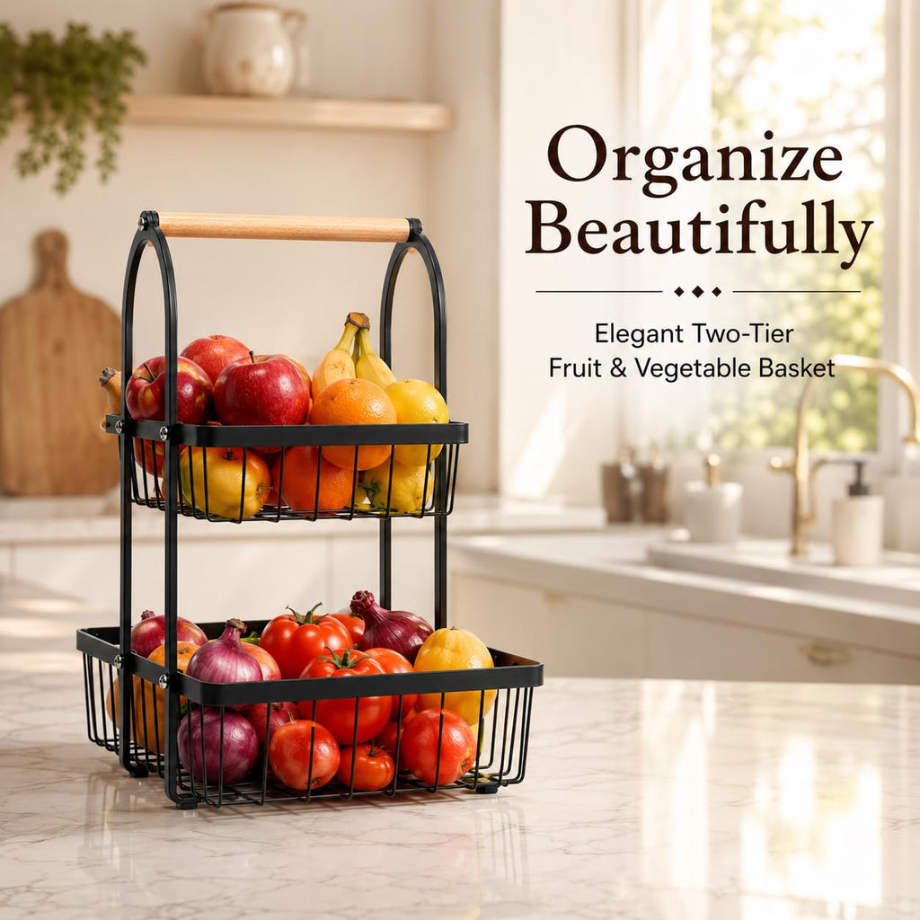 Sageware 2-Tier Fruit Basket for Dining Table Basket Metal Organizer Rack (Black) Aluminium Fruit & Vegetable Basket (Black)