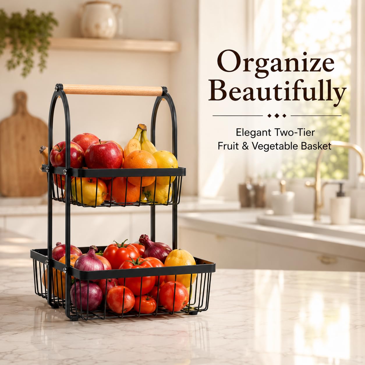 Sageware 2-Tier Fruit Basket for Dining Table Basket Metal Organizer Rack (Black) Aluminium Fruit & Vegetable Basket (Black)